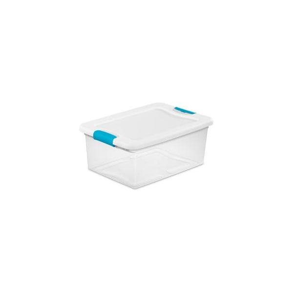 Sterilite Storage Tote W/ Lid, 3.75 gal, 16-1/4 in L x 11-1/4 in W x 6-3/4 in H, Clear, White, Blue, 12 PK 14948012 - main